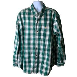 Carhartt Button Down Plaid Shirt Mens 2XL Long Sleeves Relaxed Fit Green White